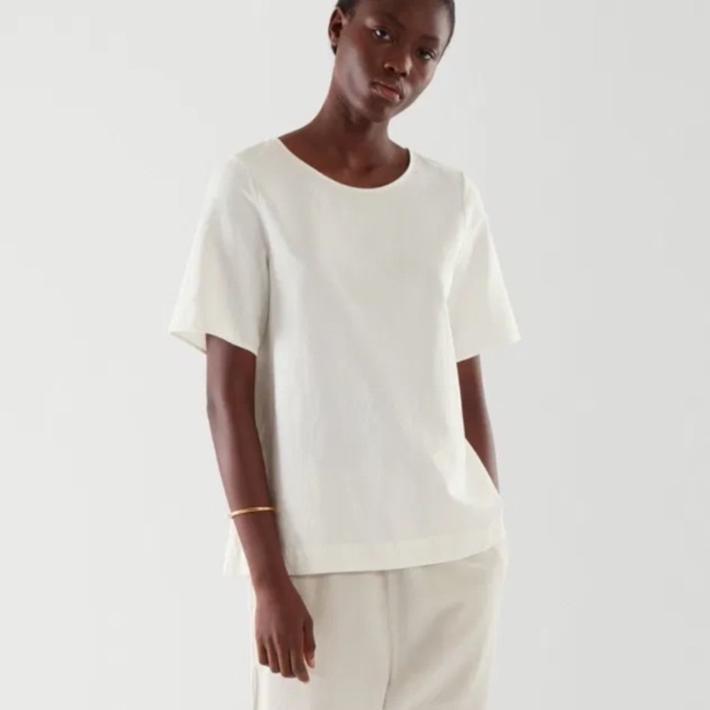 COS Lightweight Boxy T-Shirt Cream Cotton Linen Blend Womens Large Minimalist